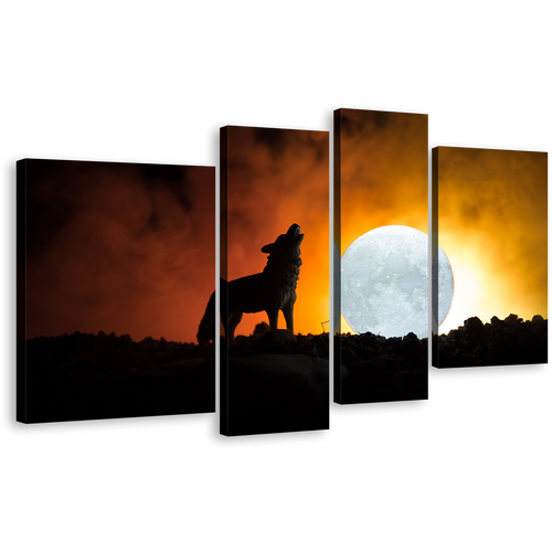 Wolf Animal Canvas Print, Animal White Moon 4 Piece Canvas Wall Art, Black Wolf Profile Canvas Set