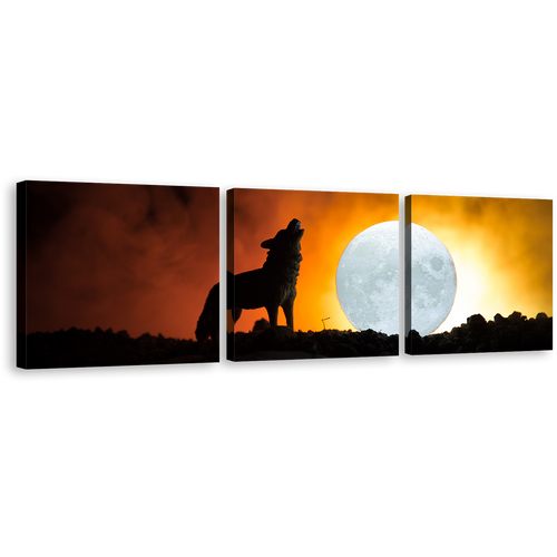 Wolf Profile Canvas Wall Art, Wolf Profile 3 Piece Canvas Print, Black Wolf at Night Multiple Canvas