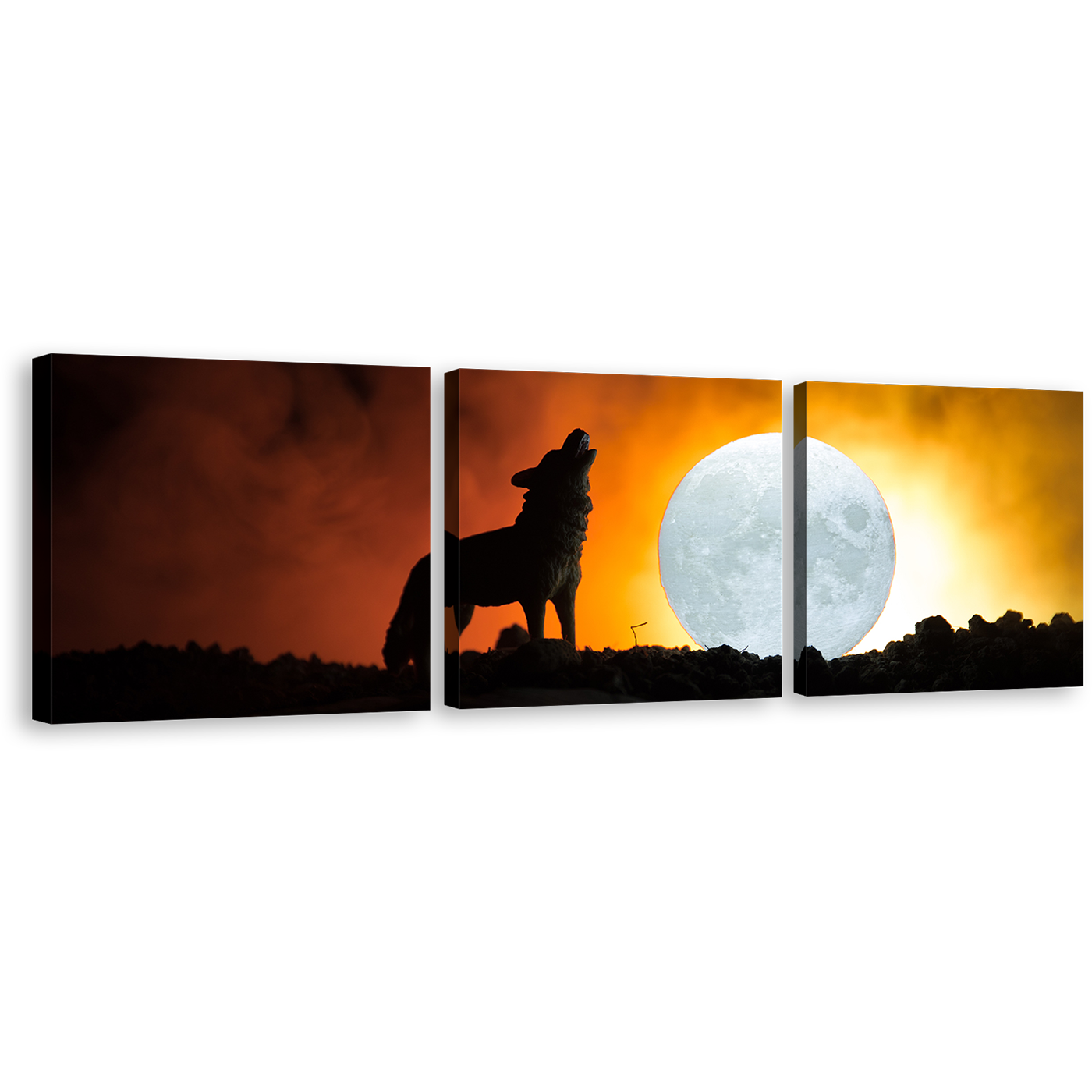 Wolf Profile Canvas Wall Art, Wolf Profile 3 Piece Canvas Print, Black Wolf at Night Multiple Canvas