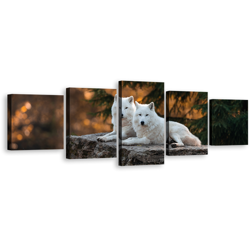 Wolf Scenery Canvas Wall Art, Orange Nature Wolves Wildlife Multiple Canvas, White Wolves Landscape 5 Piece Canvas Print