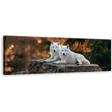 Load image into Gallery viewer, Wolf Wildlife Canvas Print, White Wolves Panoramic Canvas Wall Art, Wolf Orange Nature Scenery Canvas Artwork
