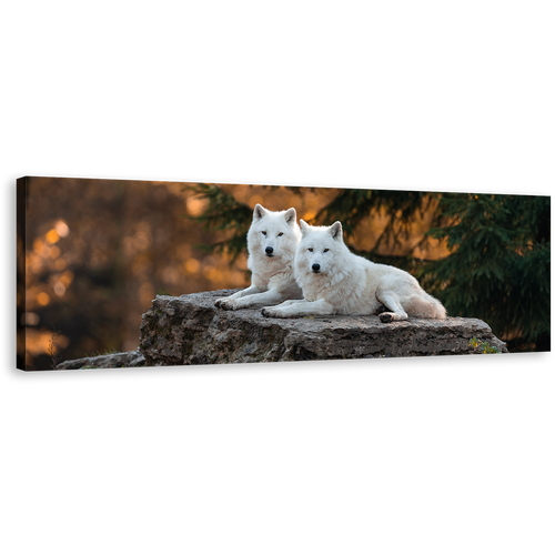 Wolf Wildlife Canvas Print, White Wolves Panoramic Canvas Wall Art, Wolf Orange Nature Scenery Canvas Artwork