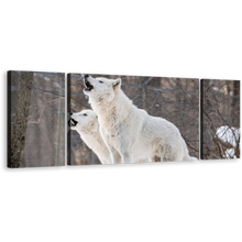 Load image into Gallery viewer, Wolves Howling Canvas Print, White Wolf Snow 3 Piece Canvas Wall Art, Wolf in Brown Nature Multiple Canvas
