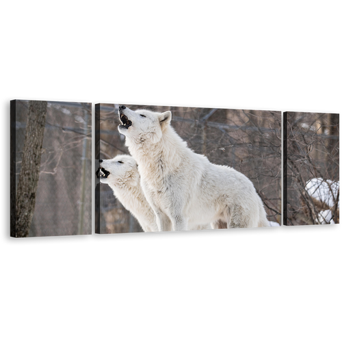 Wolves Howling Canvas Print, White Wolf Snow 3 Piece Canvas Wall Art, Wolf in Brown Nature Multiple Canvas