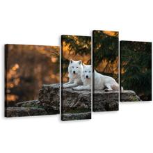 Load image into Gallery viewer, Wolves Landscape Canvas Wall Art, White Wolves Wildlife 4 Piece Canvas, Wolf Orange Nature Scenery Canvas Print
