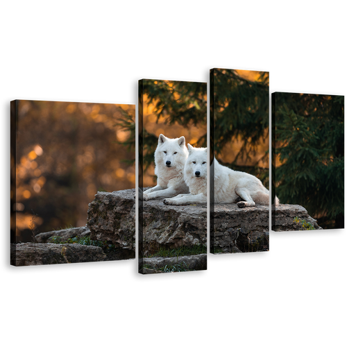 Wolves Landscape Canvas Wall Art, White Wolves Wildlife 4 Piece Canvas, Wolf Orange Nature Scenery Canvas Print