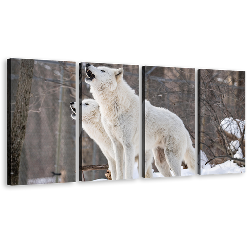 Wolves Wildlife Canvas Wall Art, White Wolves Howling 4 Piece Canvas Print, Arctic Wolf in Brown Nature Canvas Set