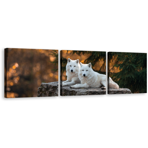 Wolves Wildlife Canvas Wall Art, Wolf Orange Nature Scenery 3 Piece Canvas Print, White Wolves Triptych Multi Canvas