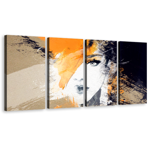 Woman's Face Close Up - 4 Piece White Abstract Canvas Wall Art - Orange Fashion Illustration Print