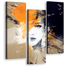 Load image into Gallery viewer, Woman&#39;s Face Close-Up - Fashion Illustration Orange Abstract Canvas Print - 3 Piece Canvas Art Set
