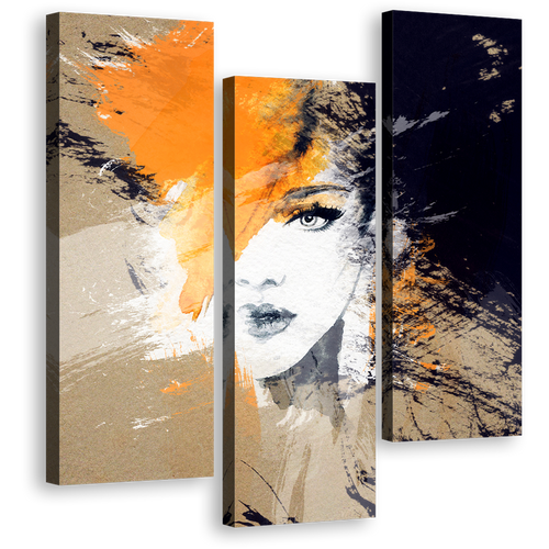 Woman's Face Close-Up - Fashion Illustration Orange Abstract Canvas Print - 3 Piece Canvas Art Set