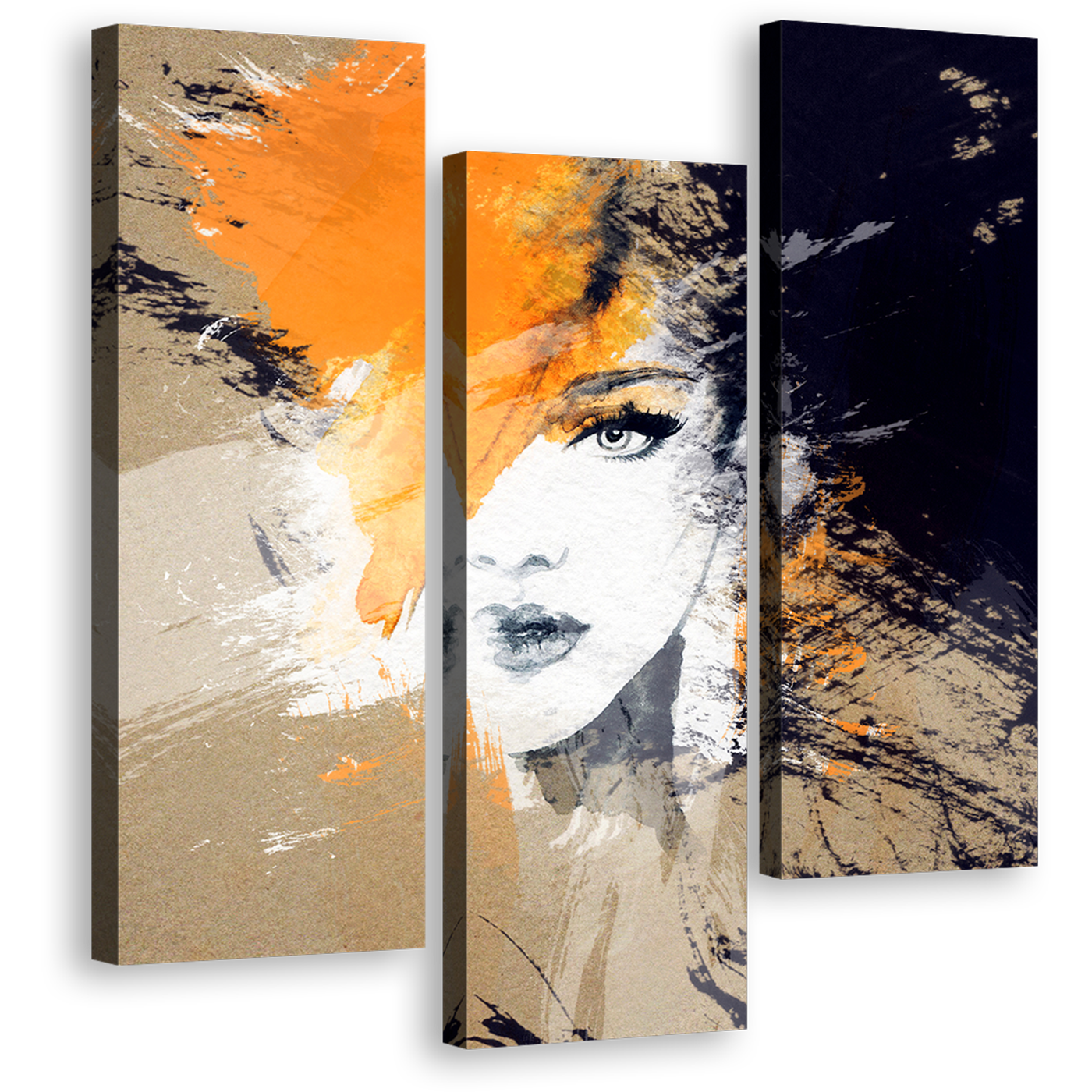 Woman's Face Close-Up - Fashion Illustration Orange Abstract Canvas Print - 3 Piece Canvas Art Set