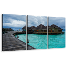 Load image into Gallery viewer, Wooden Bridge Canvas Wall Art, Blue Water Villa 3 Piece Canvas Set, Maldives Hotel on Water Triptych Canvas Print
