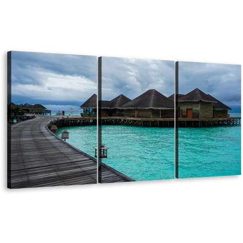 Wooden Bridge Canvas Wall Art, Blue Water Villa 3 Piece Canvas Set, Maldives Hotel on Water Triptych Canvas Print