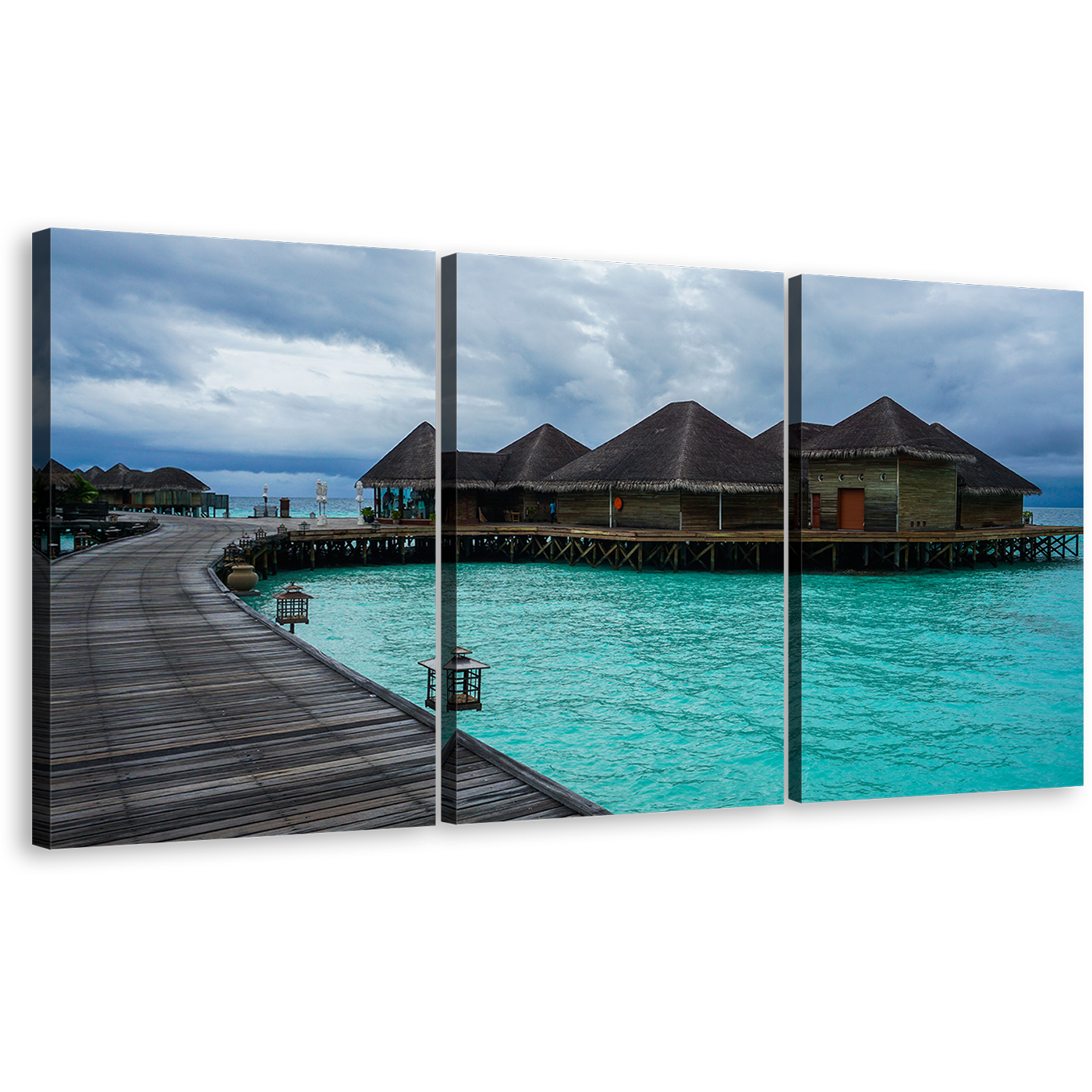 Wooden Bridge Canvas Wall Art, Blue Water Villa 3 Piece Canvas Set, Maldives Hotel on Water Triptych Canvas Print