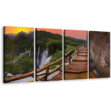 Load image into Gallery viewer, Wooden Bridge Canvas Wall Art, Brown Landscape Bridge Scenery Waterfall 4 Piece Canvas Print, Green National Park Plitvice Lakes Multi Canvas
