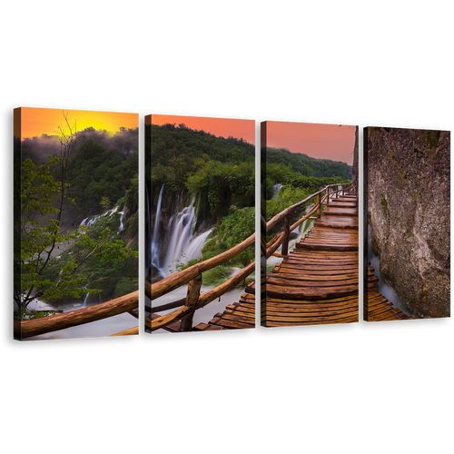 Wooden Bridge Canvas Wall Art, Brown Landscape Bridge Scenery Waterfall 4 Piece Canvas Print, Green National Park Plitvice Lakes Multi Canvas