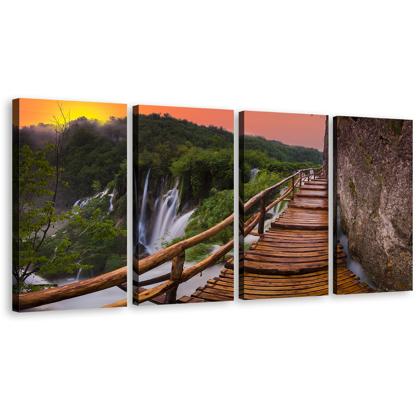 Wooden Bridge Canvas Wall Art, Brown Landscape Bridge Scenery Waterfall 4 Piece Canvas Print, Green National Park Plitvice Lakes Multi Canvas