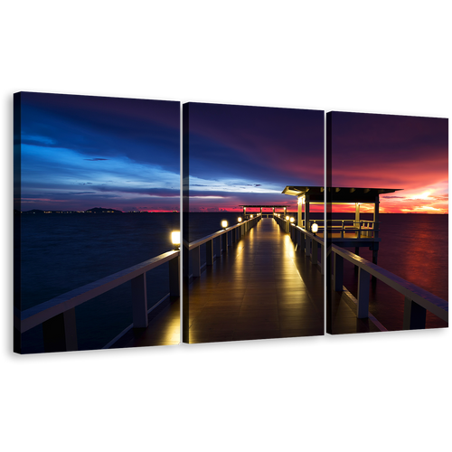 Wooden Bridge Canvas Wall Art, Dramatic Blue Red Sunset Sky Canvas Set, Pier at Sea 3 Piece Canvas Print