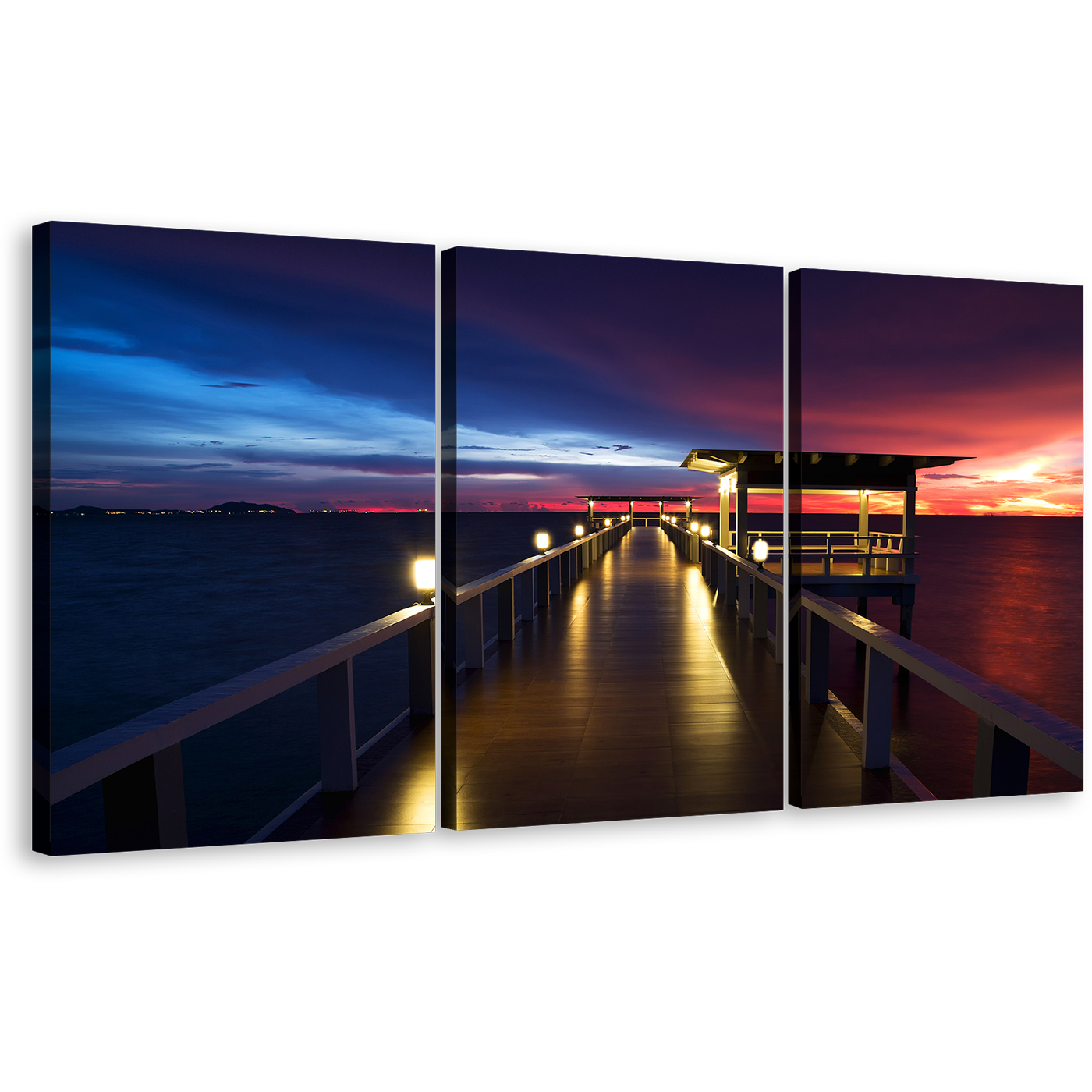 Wooden Bridge Canvas Wall Art, Dramatic Blue Red Sunset Sky Canvas Set, Pier at Sea 3 Piece Canvas Print