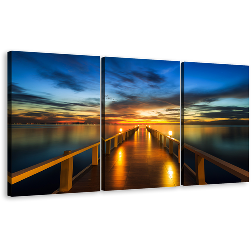 Wooden Bridge Wall Art, Dramatic Blue Yellow Sunset Sky Sea Canvas Set, Amazing Orange Pier 3 Piece Canvas Print