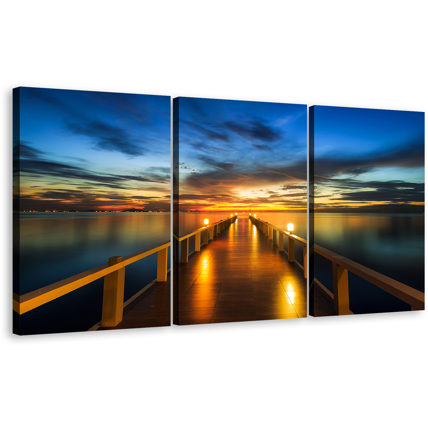 Wooden Bridge Wall Art, Dramatic Blue Yellow Sunset Sky Sea Canvas Set, Amazing Orange Pier 3 Piece Canvas Print