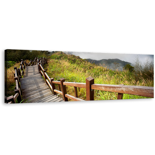 Wooden Bridge Wall Art, Green Grass Scenery 1 Piece Canvas Print, Grey Mountain Sky Canvas Art