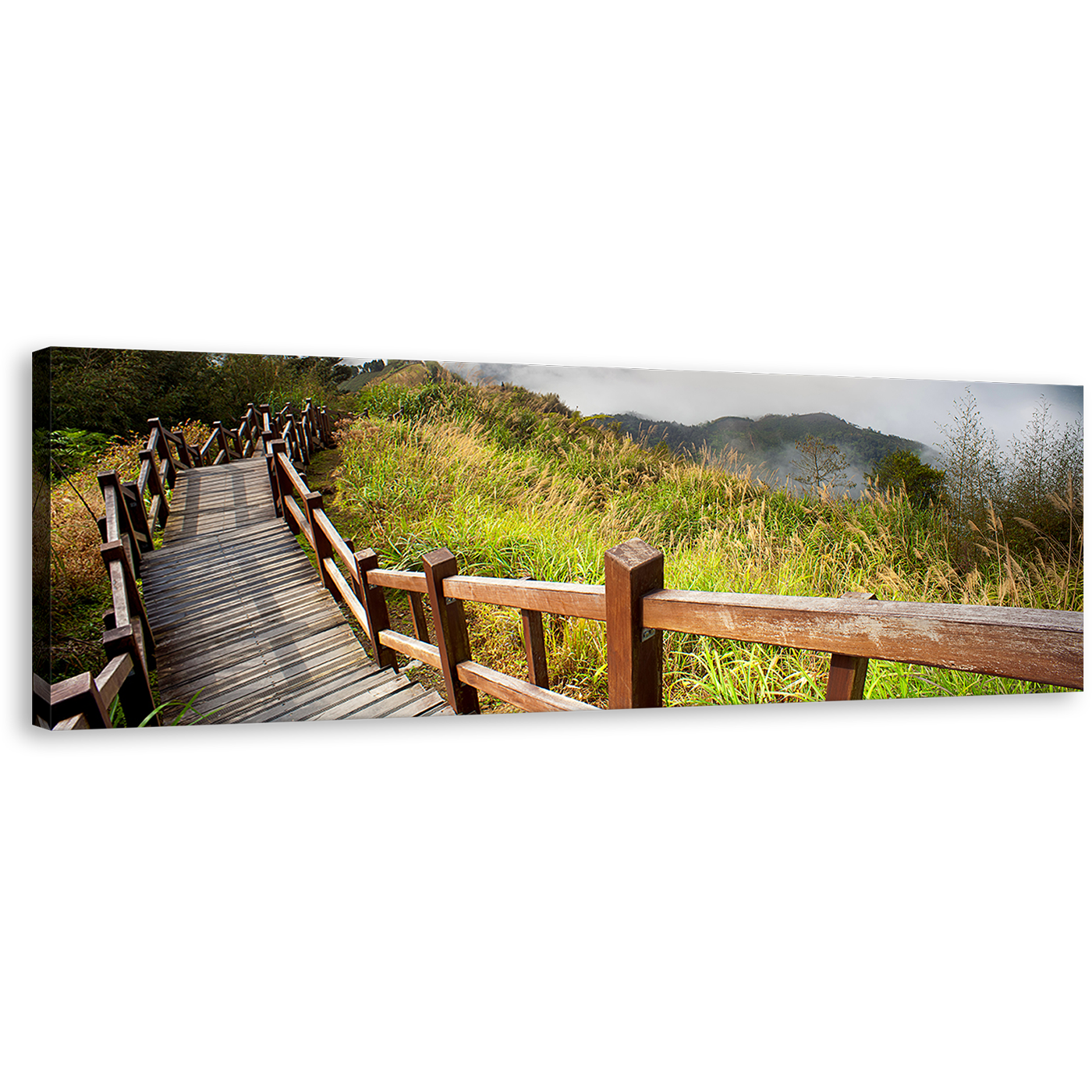 Wooden Bridge Wall Art, Green Grass Scenery 1 Piece Canvas Print, Grey Mountain Sky Canvas Art