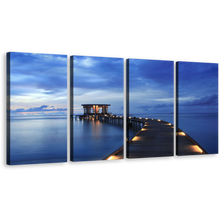 Load image into Gallery viewer, Wooden Pier Canvas Print, Blue Maldives Sea Pier 4 Piece Wall Art, Yellow Pier Lights Canvas Set
