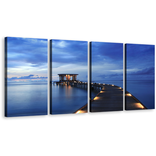 Wooden Pier Canvas Print, Blue Maldives Sea Pier 4 Piece Wall Art, Yellow Pier Lights Canvas Set