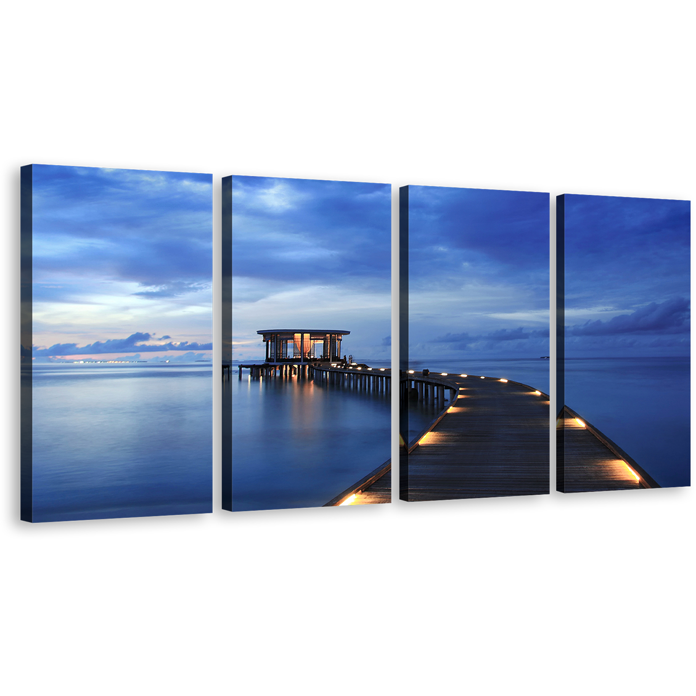 Wooden Pier Canvas Print, Blue Maldives Sea Pier 4 Piece Wall Art, Yellow Pier Lights Canvas Set