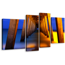 Load image into Gallery viewer, Wooden Pier Canvas Wall Art, Orange Pier at Sea 4 Piece Canvas, Dramatic Blue Yellow Sunset Sky Canvas Print
