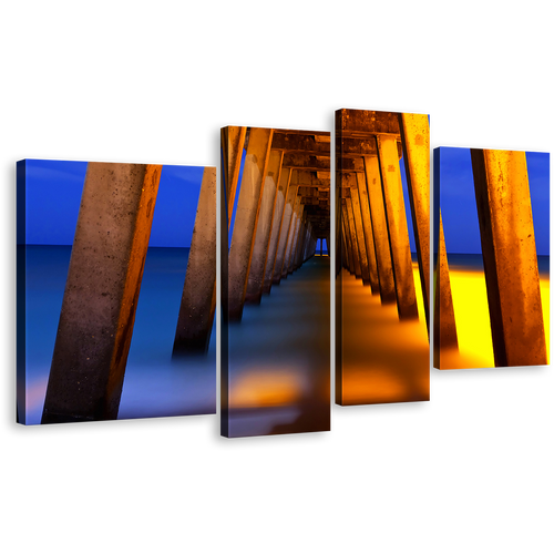 Wooden Pier Canvas Wall Art, Orange Pier at Sea 4 Piece Canvas, Dramatic Blue Yellow Sunset Sky Canvas Print