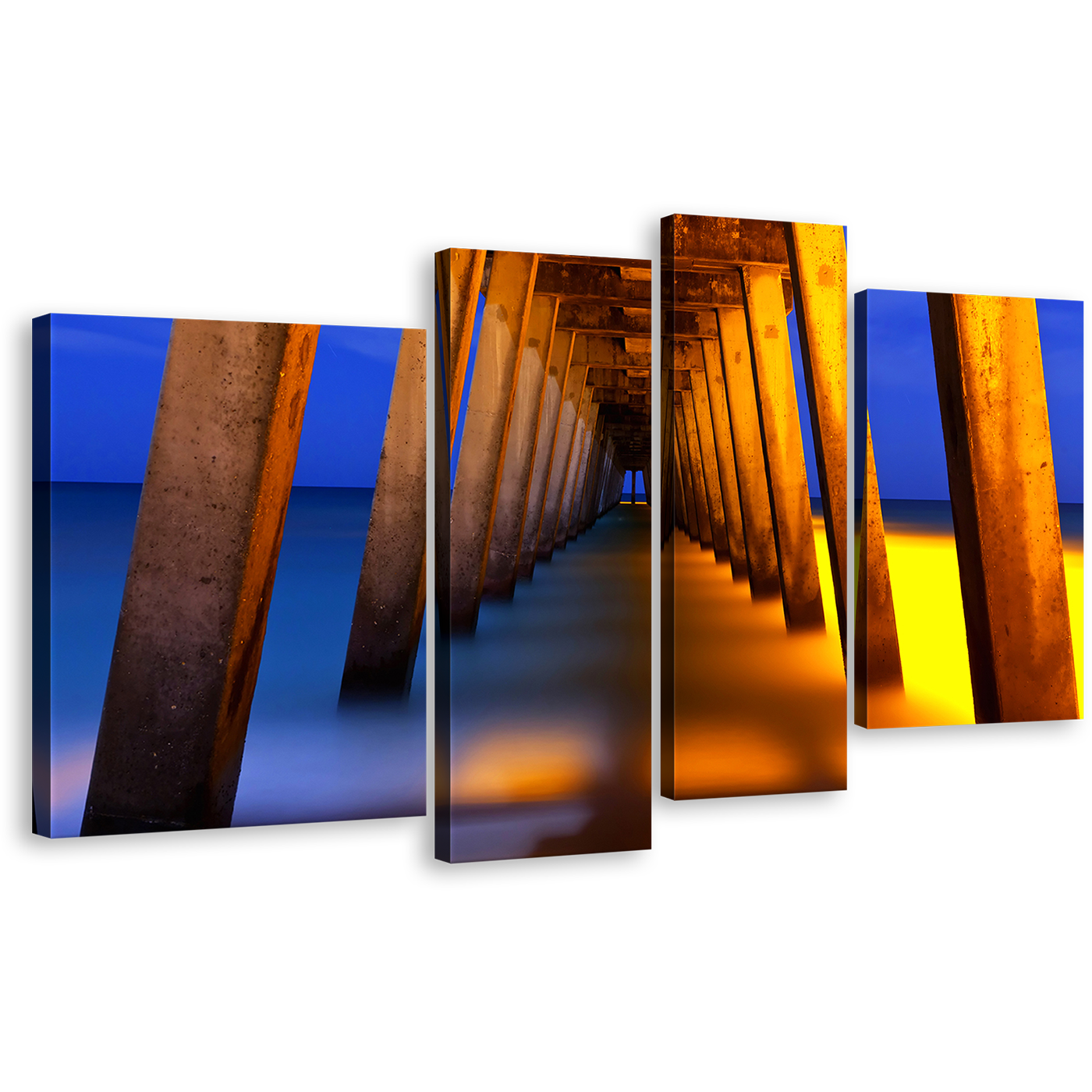 Wooden Pier Canvas Wall Art, Orange Pier at Sea 4 Piece Canvas, Dramatic Blue Yellow Sunset Sky Canvas Print