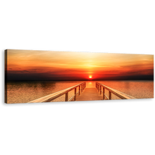 Load image into Gallery viewer, Wooden Pier Canvas Wall Art, Orange Yellow Sunset Sky Panoramic Canvas, Dramatic Long Timber Pier Canvas Print
