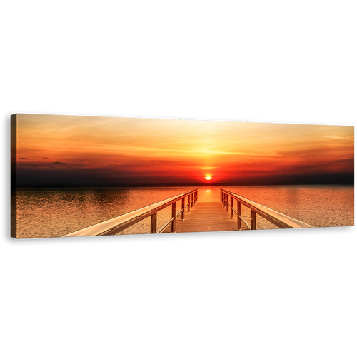 Wooden Pier Canvas Wall Art, Orange Yellow Sunset Sky Panoramic Canvas, Dramatic Long Timber Pier Canvas Print