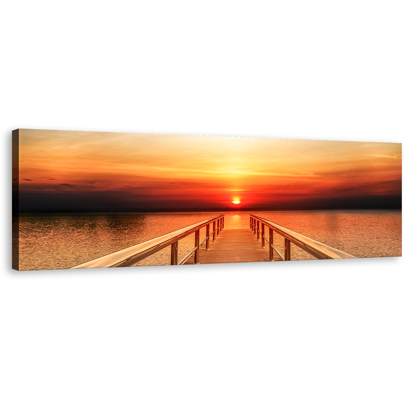 Wooden Pier Canvas Wall Art, Orange Yellow Sunset Sky Panoramic Canvas, Dramatic Long Timber Pier Canvas Print