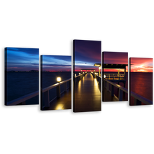 Load image into Gallery viewer, Wooden Pier Canvas Wall Art, Pier at Sea 5 Piece Canvas, Dramatic Blue Red Sunset Sky Canvas Print
