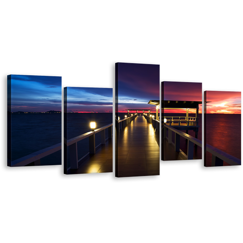 Wooden Pier Canvas Wall Art, Pier at Sea 5 Piece Canvas, Dramatic Blue Red Sunset Sky Canvas Print