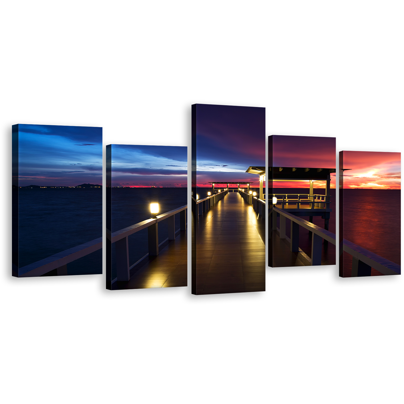 Wooden Pier Canvas Wall Art, Pier at Sea 5 Piece Canvas, Dramatic Blue Red Sunset Sky Canvas Print