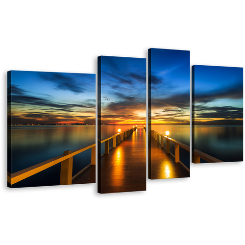 Wooden Pier Wall Art, Dramatic Blue Yellow Sunset Sky Canvas Print, Beautiful Orange Pier at Sea 4 Piece Multi Canvas