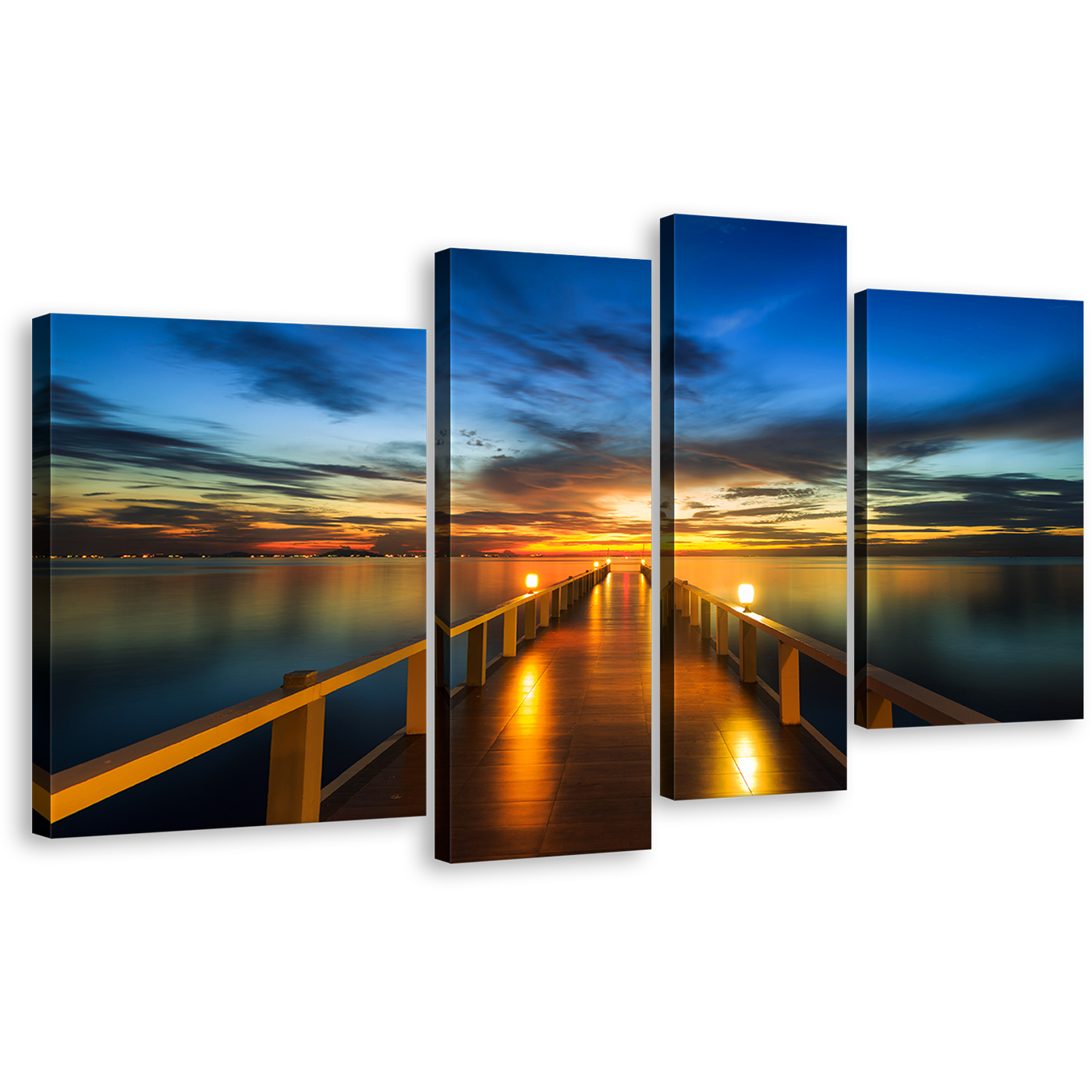 Wooden Pier Wall Art, Dramatic Blue Yellow Sunset Sky Canvas Print, Beautiful Orange Pier at Sea 4 Piece Multi Canvas