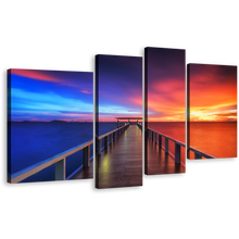 Load image into Gallery viewer, Wooden Pier Wall Art, Long Wooden Pier Multi Canvas, Dramatic Blue Orange Sunset Sky 4 Piece Canvas Print
