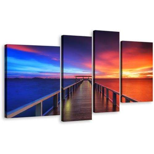 Wooden Pier Wall Art, Long Wooden Pier Multi Canvas, Dramatic Blue Orange Sunset Sky 4 Piece Canvas Print