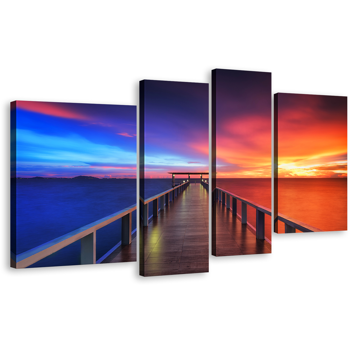 Wooden Pier Wall Art, Long Wooden Pier Multi Canvas, Dramatic Blue Orange Sunset Sky 4 Piece Canvas Print