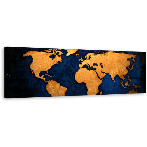 World Map Canvas Print, Gold World Map 1 Piece Canvas Wall Art, Blue Background Map Canvas Artwork