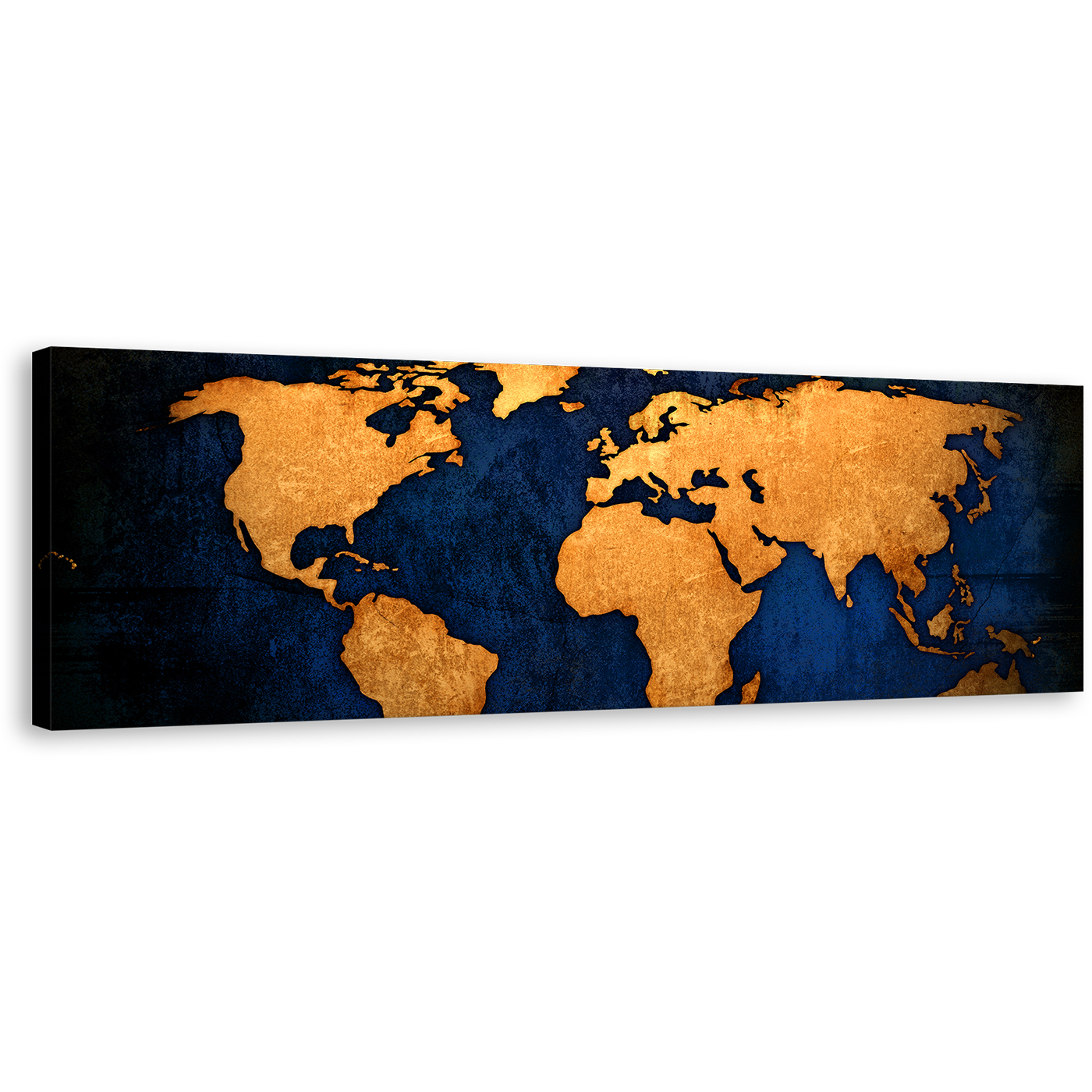 World Map Canvas Print, Gold World Map 1 Piece Canvas Wall Art, Blue Background Map Canvas Artwork