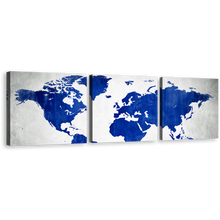 Load image into Gallery viewer, World Map Canvas Print, White Flat Earth Multi Canvas Artwork, Blue World Map Digital Painting 3 Piece Canvas Wall Art
