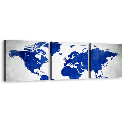 World Map Canvas Print, White Flat Earth Multi Canvas Artwork, Blue World Map Digital Painting 3 Piece Canvas Wall Art