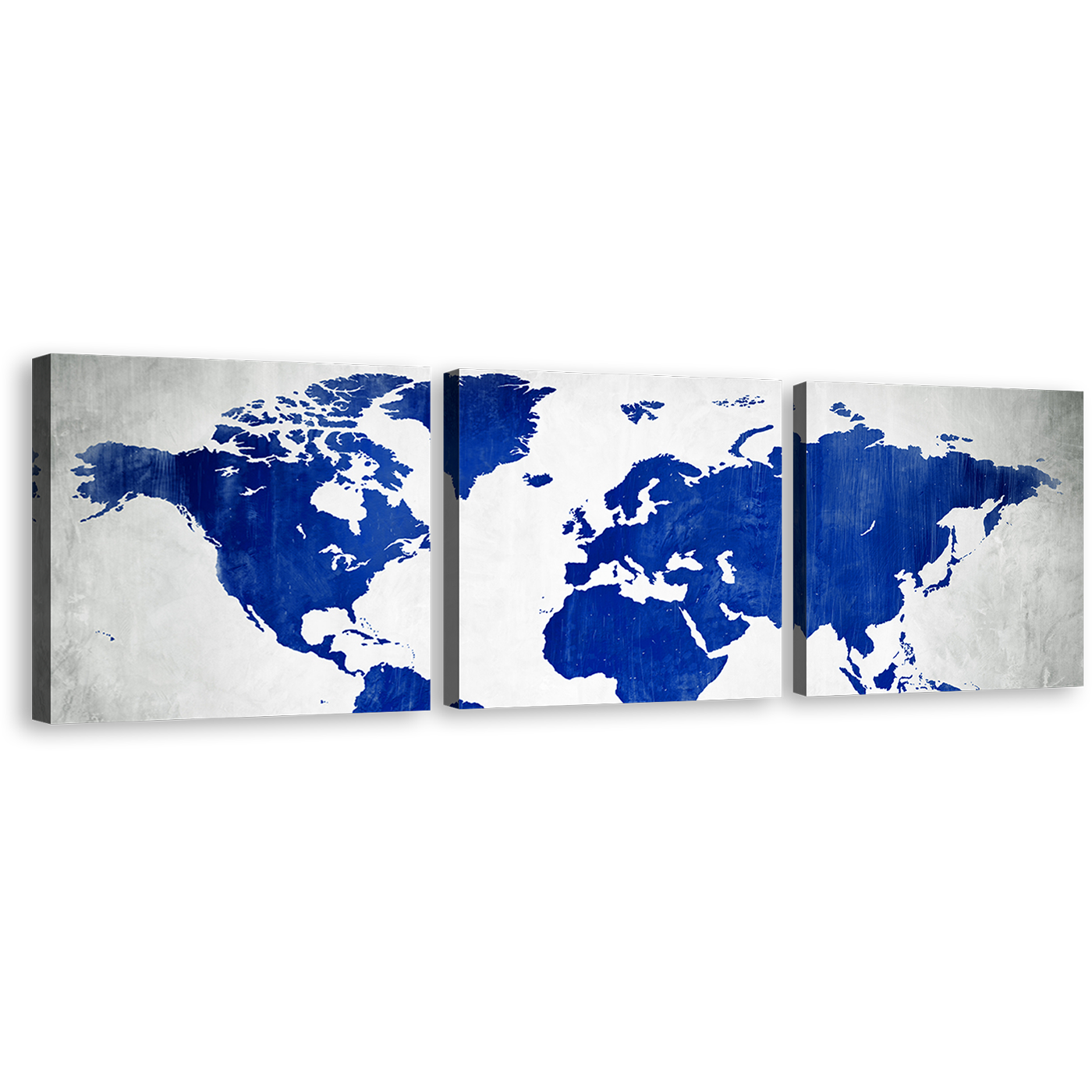 World Map Canvas Print, White Flat Earth Multi Canvas Artwork, Blue World Map Digital Painting 3 Piece Canvas Wall Art